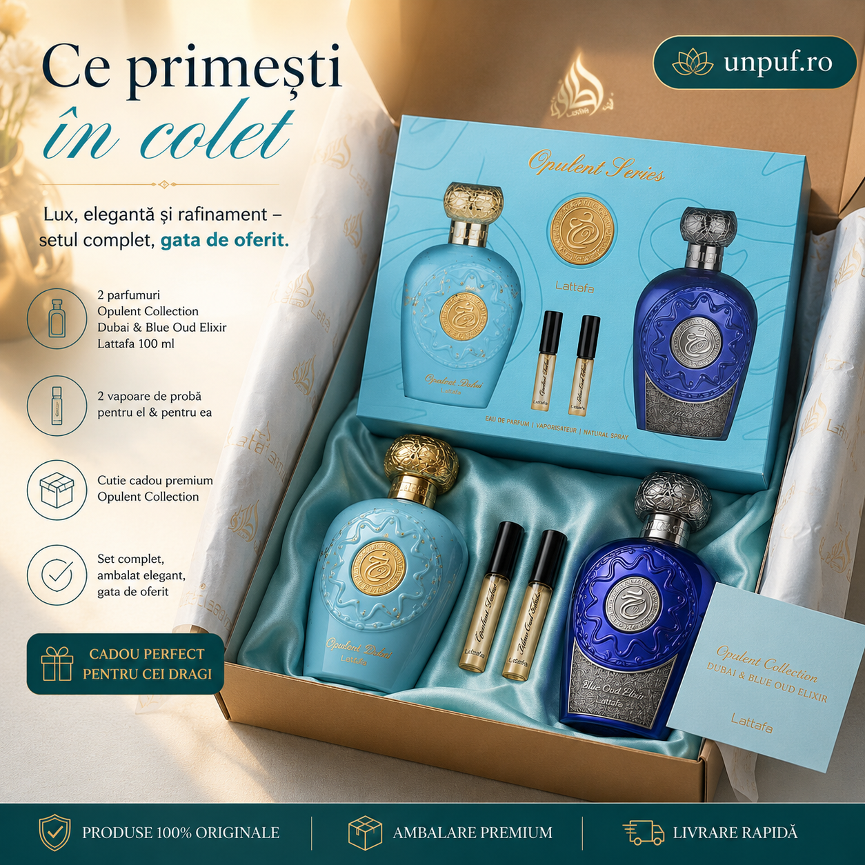 Ce primesti in colet Lattafa Opulent Collection Dubai si Blue Oud Elixir, 2 parfumuri 100 ml, 2 mostre fiola si cutie cadou premium